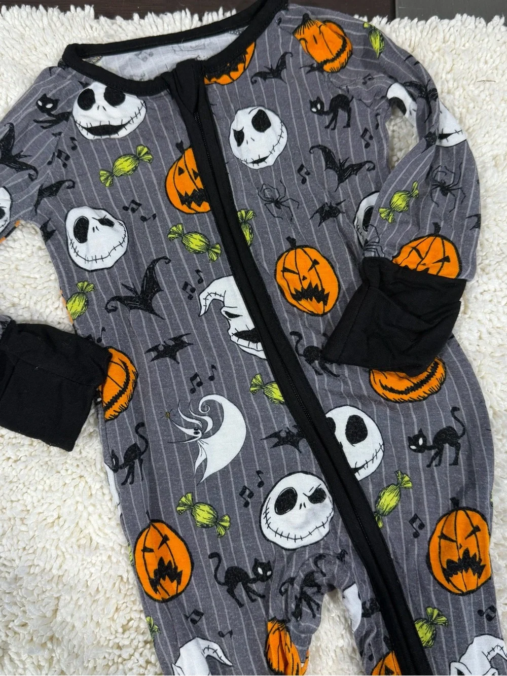 Little Sleepies Gray, Orange & Black Halloween Pumpkin Jack Skellington Footie